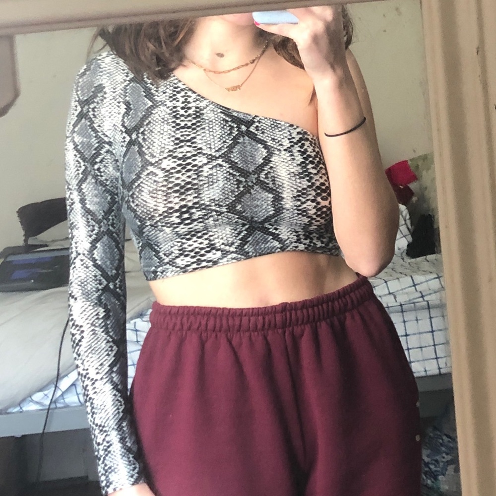 one shoulder snake skin top